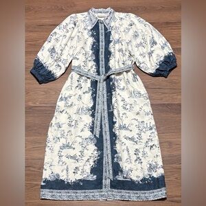 ALEMAIS Blue White Toile Linen Tie Waist Midi Dress AU 12 US 8